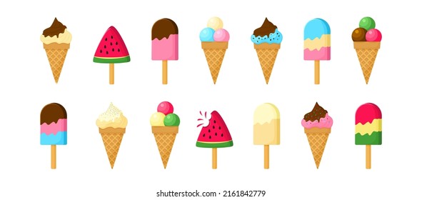 Ice cream lolly vector icon, waffle cone, ice cream scoop and popsicle. Cartoon chocolate and vanilla dessert, fruit sorbet.  Summer set isolated on white background. Sweet illustration