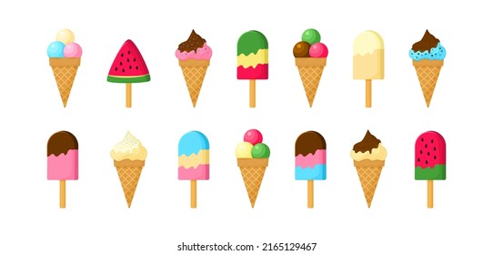 Icono vectorial de helado, cono de gofre, pala y helado. Colección de postres de chocolate y vainilla, sorbete de fruta. Colección de verano aislada sobre fondo blanco. Ilustración dulce