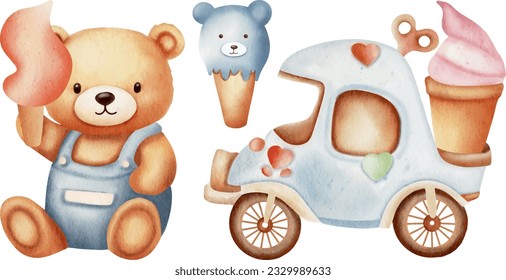 Ice cream lover cute teddy bear illustration collection