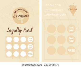 Ice cream loyalty card with empty places for stamps and percentage of discount. Business solutions for clients, phone number and website page of store or kiosk producer. Vector in flat style