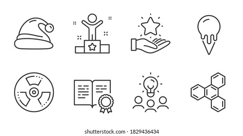 Ice cream, Loyalty program and Santa hat line icons set. Winner, Chemical formula and Chemical hazard signs. Certificate, Business idea symbols. Vanilla waffle, Bonus star, Christmas. Vector