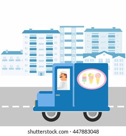 Ice cream machine icon. Vector illustration ice cream truck goes on the road against the background of the city. Side view, isolated.