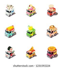 Ice cream machine icons set. Isometric set of 9 ice cream machine vector icons for web isolated on white background
