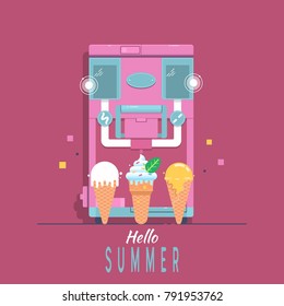 Ice - Cream Machine With Lettering Hello Summer Set For Shop. Small Branches. Create A Business. Flat Vector Illustration