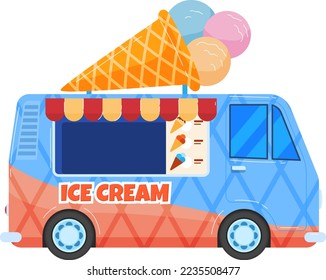 Máquina de helados, empresa de transporte, comida de vehículos, entrega de coches, chiringuito, diseño, ilustración vectorial de estilo plano.