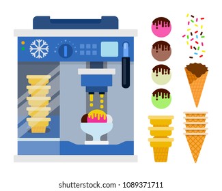 Ice Cream Machine, Waffle Horns And Ice Cream Balls Vector Flat Material Design Isolated On White