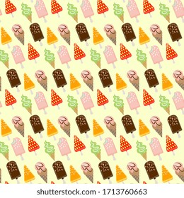 Ice cream made from orange and strawberry, kiwi, chocolate, in a cone on a yellow background. Sweet and cold dessert menu. Seamless vector artistic pattern.