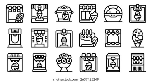Ice cream maker icons set. Ice cream production process, from churning to filling cones, showcasing various machines and equipment used in creating frozen desserts