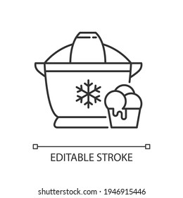 Ice cream maker linear icon. Freezer gadget. Icecream machine. Small kitchen appliance. Thin line customizable illustration. Contour symbol. Vector isolated outline drawing. Editable stroke