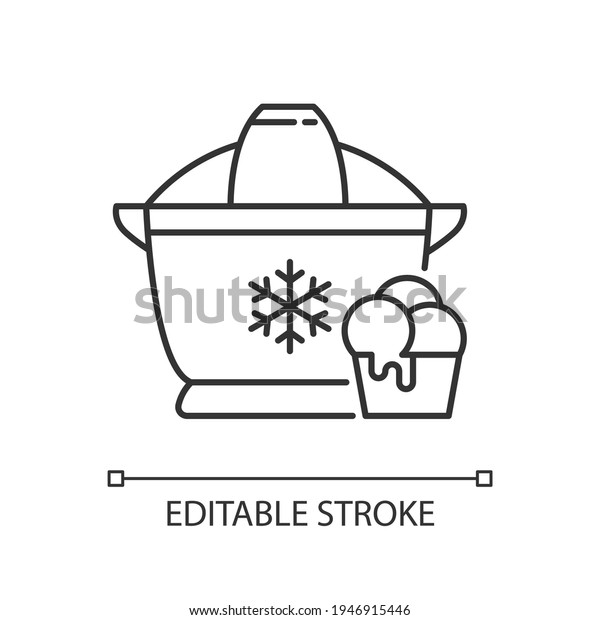Ice cream maker linear icon. Freezer gadget.\
Icecream machine. Small kitchen appliance. Thin line customizable\
illustration. Contour symbol. Vector isolated outline drawing.\
Editable stroke