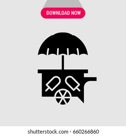 Ice cream maker on wheels vector icon, Black cart of ice cream maker with umbrella symbol. Simple, modern flat vector illustration for mobile app, website or desktop app  
