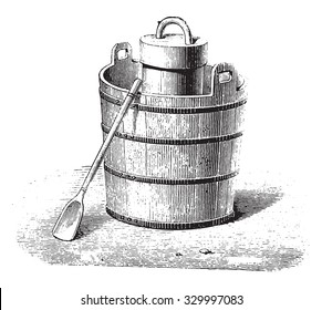 An ice cream maker and utensils, vintage engraved illustration. Magasin Pittoresque 1867.