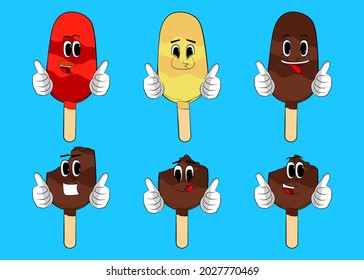 Ice Cream making thumbs up sign with two hands. Summer refreshment, sweet food as a cartoon character with face.