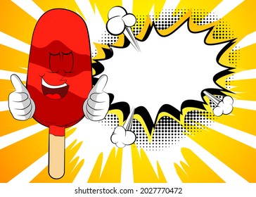 Ice Cream haciendo pulgares hacia arriba con dos manos. Refrigerio de verano, comida dulce como personaje de caricatura con cara.