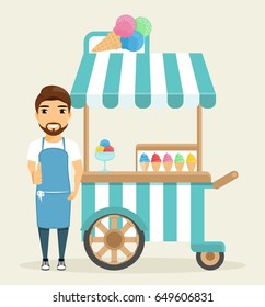 The ice cream man standing next to the kiosk. The seller is dressed in an apron. Different ice cream. Small business, trade. Shopping tent on wheels. Cute. In flat style, cartoon.