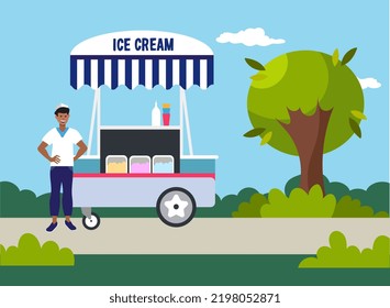 Ice cream man in uniform sells ice cream. Flat style vector illustration.