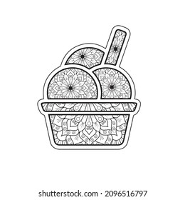 Ice cream mandala coloring page. vector and outline.
Floral, ornate, decorative, sweet dessert composition with mandala. Black and white background.