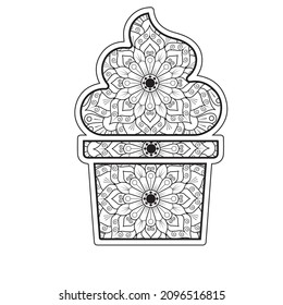 Ice cream mandala coloring page. vector and outline.
Floral, ornate, decorative, sweet dessert composition with mandala. Black and white background.