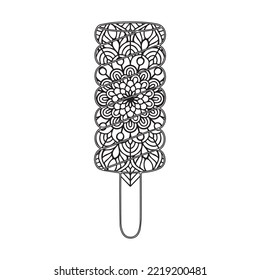 Ice cream mandala coloring page. vector and outline. Black and white background. Floral, sweet dessert, ornate, decorative,  composition with mandala.