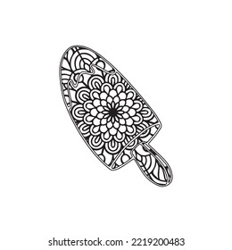 Ice cream mandala coloring page. vector and outline. Black and white background. Floral, sweet dessert, ornate, decorative,  composition with mandala.