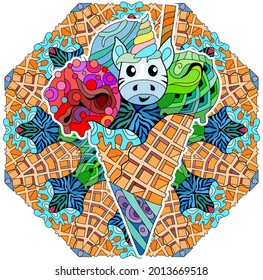 Ice cream with mandala. Floral, ornate, decorative, sweet dessert composition Color on white background