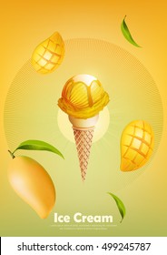 Ice cream mango in the cone, Pour mango syrup and a lot of mango background, transparent Vector