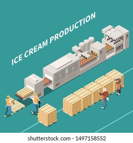 Ice cream manufacture background with people working on automatic line producing frozen dessert isometric vector illustration