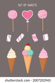 Ice cream, marshmallows, lollipops. A set of sweets in a flat style. Made in a vector. For design, posters, flyers, signs