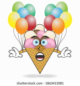 Ice Cream mascot character holding a balloon. vector illustration