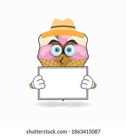 Ice Cream mascot character holding a white blackboard. vector illustration