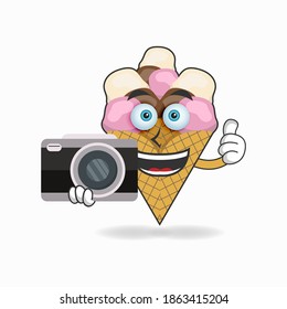 Ice Cream mascot character holding camera. vector illustration