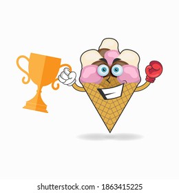 The Ice Cream mascot character wins a boxing trophy. vector illustration