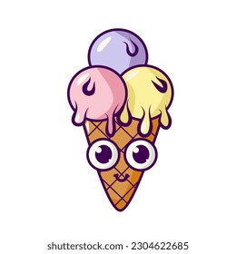 Ice cream mascot on white background. Flat outline illustration