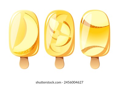 Eis mit Melone, Fruchteis auf einem Holzstock mit Melonenstücken. Sommer kaltes Dessert, gefrorener Saft, Fruchteis. Vektorillustration.