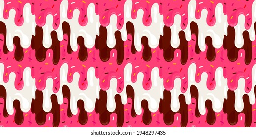 ice cream melted background with candy sprinkles. Melting chocolate, vanilla, strawberry, cheery  pattern