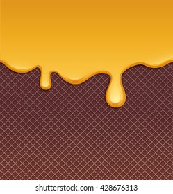 Ice cream or cream  melted chocolate waffle background: vector illustration background caramel