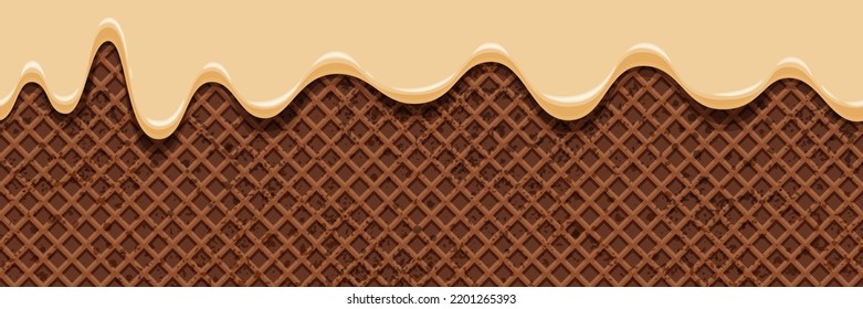 Ice cream melted on the background of chocolate wafers. Seamless texture of waffle and flowing sweet cream. Vector illustration of ice cream cone, crispy snack, sweet food