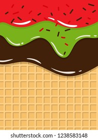 Ice Cream Melted on Wafer Background. Taste of chocolate and fruit. Chocolate sprinkles. Sweet christmas. Vector vertical Illustration. Pattern for your design.