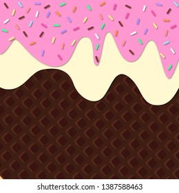 Ice Cream Melted on Wafer Background. 3d Vector Illustration. Ice cream with sprinkles dressing