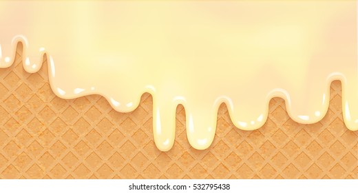 Ice cream melted on Wafer. Sweet Background. Vector Illustration. Tasty liquid cream. Ice-cream ciryp on waffle layout.