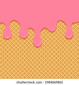 Ice cream melted vector background, waffle cone texture, pink strawberry liquid on wafer pattern, sweet biscuit dessert. Cartoon illustration