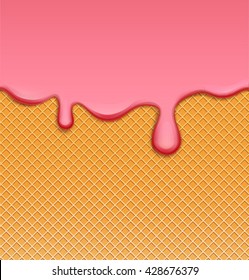 Ice cream or cream  melted waffle background: vector illustration background strawberry