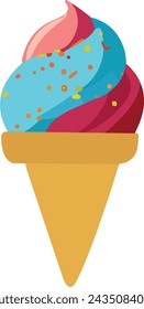 ice cream, Melting ice cream balls in the waffle cone isolated on white background. Vector flat outline icon.