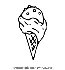 Ice cream melting in a waffle cone. Drawn in doodle style with contour on a white background. Vector.