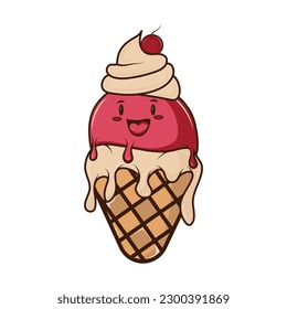 Ice cream. melting ice cream in a waffle cone. Cartoon-style character. Insulated horn on a white background. vector illustration for web, design, printing
