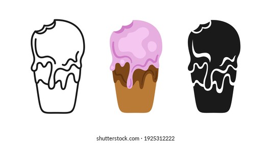 Ice cream melts and drips cartoon set, line icon and black glyph style. Hand drawn sketch Ice cream in waffle cup. Bright summer collection sweet food. Isolated cute dessert vector illustration