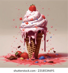 Ice cream melts on top strawberry with chocolate topping 3D vector graphic