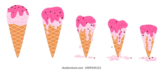 Montaje de helados, animación secuencial de yogur helado derretido o bola de sundae rosa en cono de gofre. Estadios animados de goteo de helado suave, dibujos animados de postre fundido ilustración vectorial