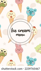 Ice cream menu banner with kawaii animals ice cream. Asian food vector banner template