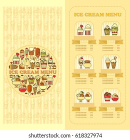 Ice cream Menu card. Set of cute various desserts icons on yellow background.